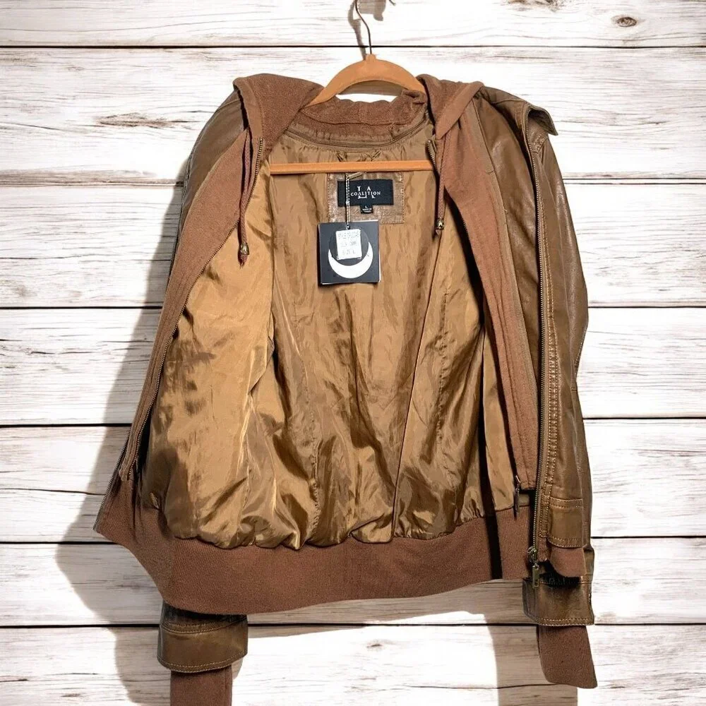 Coalition LA Camel Bomber Jacket Hoodie Double Zip Vegan Leather Sz Large NWT - Picture 6 of 12